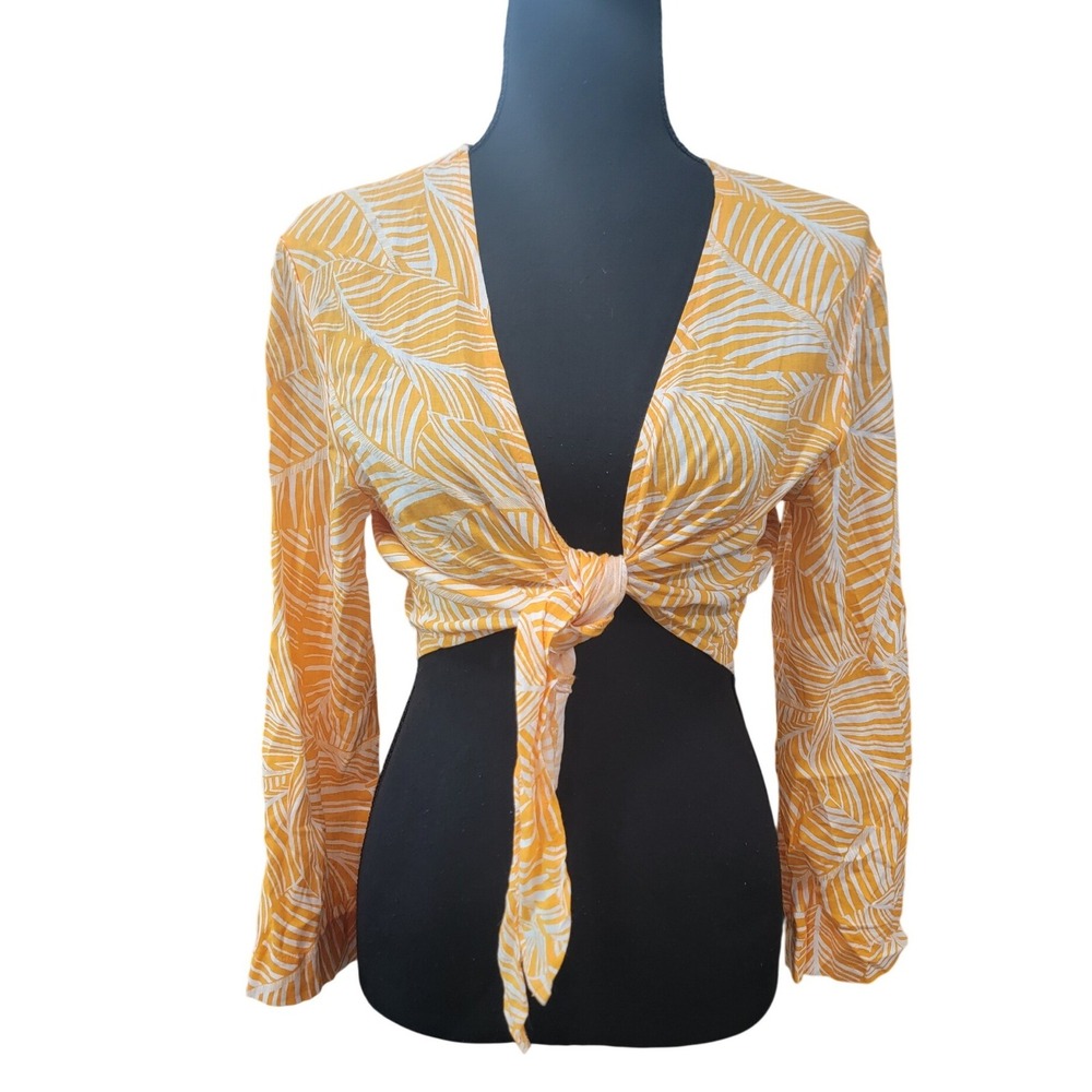 Shade & Shore Yellow Tropical Palm Print Tie Front Crop Top Linen Blend Small - Picture 2 of 6